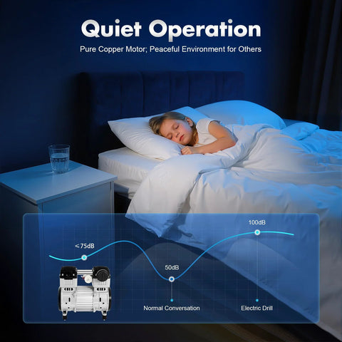 Child sleeping soundly next to an oil-free vacuum pump for HVAC and industrial use, highlighting quiet operation below 75dB in a peaceful room.