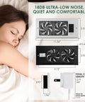 Register Booster Fan 4x10 for Home HVAC, 10 Speed Quiet Vent Fan with Negative Ion Technology, dimensions and features detailed.