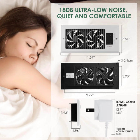 Register Booster Fan 4x10 for Home HVAC, 10 Speed Quiet Vent Fan with Negative Ion Technology, dimensions and features detailed.