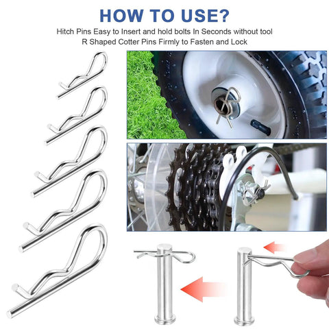 Fifty Pcs Cotter Pin Assortment Kit With Heavy Duty R Clips For Trailers Lawn Mowers Trucks Mechanics And DIY Projects Zinc Plated Steel Rust Resistant UV Safe Spring Fasteners And Hitch Pin Hardware shown with installation guide.