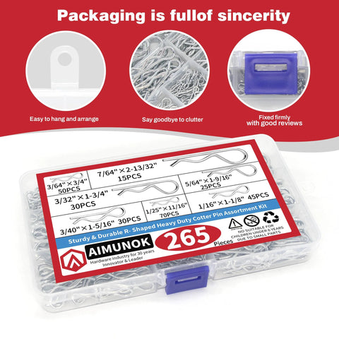 265 Piece R Shaped Cotter Pins Fastener Set For Automotive Marine Tractors Mower Carts Heavy Duty Zinc Plated Steel Hair Pin Assortment Kit With Seven Sizes For Versatile Quick Release And Secure Connections By AIMUNOK packaging image