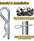 150 Pcs Cotter Pin Assortment Kit With R Shape Hitch Pin Clips, Heavy Duty Zinc Plated Alloy Steel, detail view with pin close-up and installation illustration