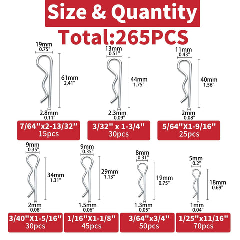 265 Piece R Shaped Cotter Pins Fastener Set For Automotive Marine Tractors Mower Carts Heavy Duty Zinc Plated Steel Hair Pin Assortment Kit With Seven Sizes For Versatile Quick Release And Secure Connections By AIMUNOK, showing size chart of pins in millimeters and quantity per size.