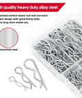 Close-up of 265 Piece R Shaped Cotter Pins Fastener Set made from galvanized steel, showing various sizes in a compartmentalized box.
