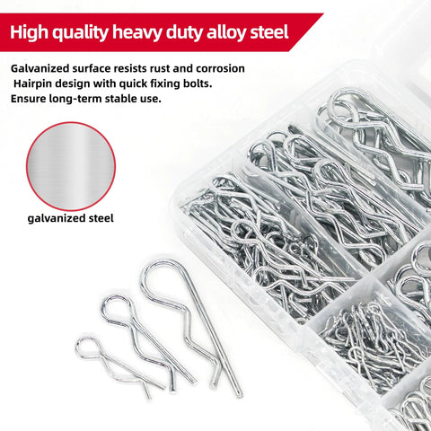 Close-up of 265 Piece R Shaped Cotter Pins Fastener Set made from galvanized steel, showing various sizes in a compartmentalized box.