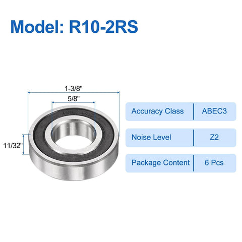 Six Pieces R10 2RS Deep Groove Ball Bearings Inner Diameter Five Eighth Inch Outer Diameter One And Three Eighths Inch Chrome Steel