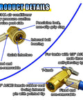 Close-up of R134A Car AC Refrigerant Charge Hose Kit components, including 1/2 inch can tap, quick coupler, and internal ball bearing.