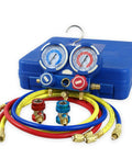 R134a AC manifold gauge set with colored hoses, blue carrying case, used for 3.5 CFM Single Stage Rotary Vane Vacuum Pump For HVAC Auto AC Refrigerant Recharging