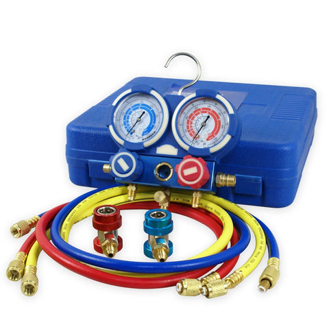 R134a AC manifold gauge set with colored hoses, blue carrying case, used for 3.5 CFM Single Stage Rotary Vane Vacuum Pump For HVAC Auto AC Refrigerant Recharging