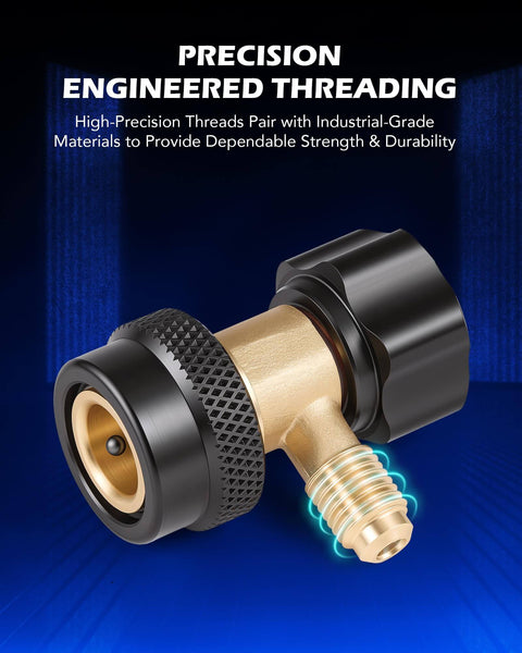 Close-up of R134a Quick Coupler Adapter showing precision threading and connector for DIY car air conditioning servicing.
