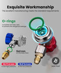 Adjustable R134a Refrigerant Quick Coupler Adapter Kit For HVAC Systems showing connectors and O-rings with leak-proof design.