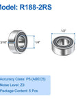 Five Pcs R188 2RS Deep Groove Ball Bearings One Quarter Inch Inner Diameter One Half Inch Outer Diameter Three Sixteenth Inch Height P5 ABEC 5 Miniature Chrome Steel Shielded Z3 For Engineering, dimensions displayed.