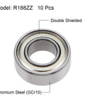 Close-up of R188ZZ double shielded deep groove ball bearing, chrome steel, 1/4 inch bore, model labeled, 10 pcs pack.