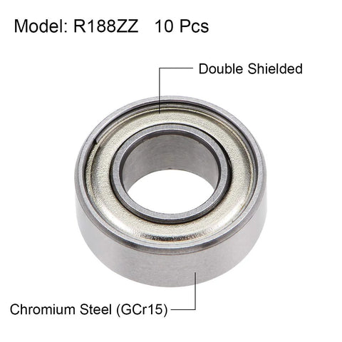 Close-up of R188ZZ double shielded deep groove ball bearing, chrome steel, 1/4 inch bore, model labeled, 10 pcs pack.