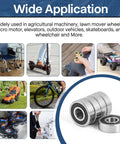 R4-2RS Double Sealed Miniature Bearings 20 pack shown with applications in machinery, 3D printers, RC vehicles, skateboards.