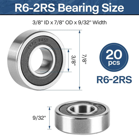 Pro-Grade R6-2RS Ball Bearings Set 1/4 By 5/8 By 0.196 Inch Double Sealed For Quiet Smooth Performance with size dimensions