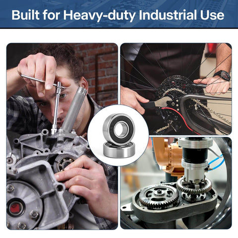 Collage showing Pro-Grade R6-2RS Ball Bearings Set used in motors, bike gears, and machinery for quiet, smooth performance.