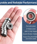Pro-Grade R6-2RS Ball Bearings Set 1/4 By 5/8 By 0.196 Inch Double Sealed held in hand showing size and design features