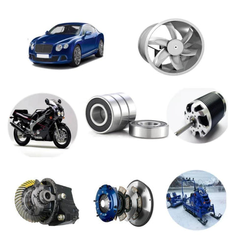 Collage of R8 2RS deep groove ball bearings with double rubber seals bearing steel, cars, bikes, appliances, and machinery.