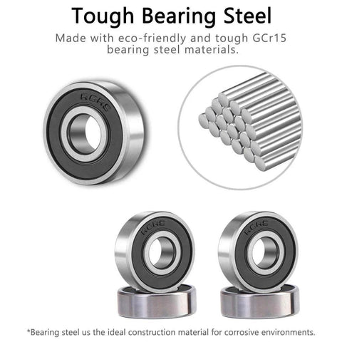 R8 2RS Ball Bearings 12 Pack For Miniature Projects And Small Motors Double Rubber Sealed Deep Groove Bearings Bearing Steel SHKI 1/2 In By 1-1/8 In By 5/16 In shown with tough GCr15 bearing steel materials