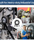Collage showing R8 2RS Ball Bearings 40 Pack With Half Inch Bore And One And One Eighth Inch Outer Diameter used in machinery and bicycles.