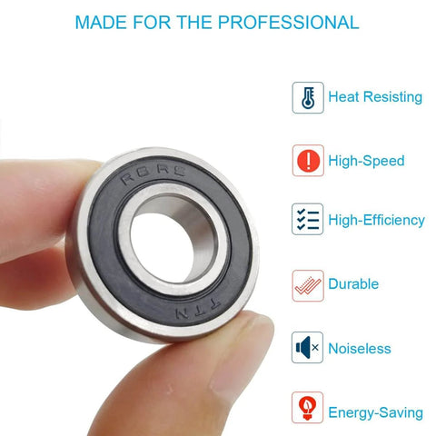 Close-up of 10 PCS R8-2RS Double Rubber Sealed Roller Ball Bearing 1/2 Inch Bore held by hand with durability and efficiency features