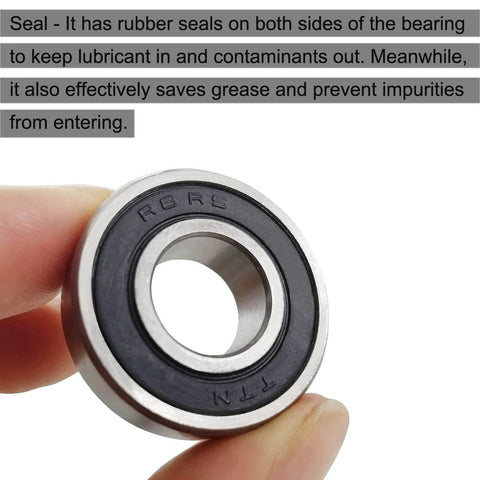 10 PCS R8-2RS Double Rubber Sealed Roller Ball Bearing 1/2 Inch Bore held in hand, close-up view showing rubber seal
