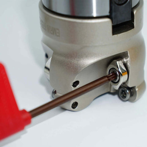 Close-up of Beefy 50mm EMR Round Dowel Face Mill Kit with R8 FMB22 Thread Shank being adjusted with T15 wrench