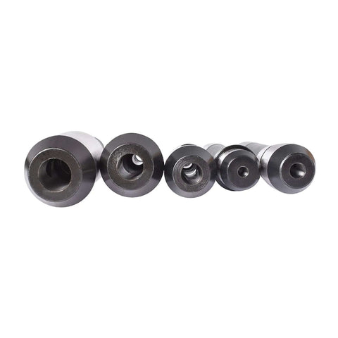 Five Piece R8 End Mill Holder Set With One Quarter Three Eighths One Half Five Eighths And Three Quarters Diameters Premium Alloy Forged Tool Steel Smooth Face Arbor Precision Ground Adapter For Bridgeport Type Milling Machines showing front view.