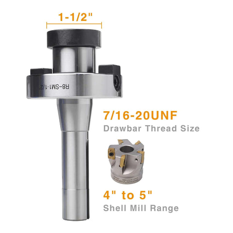Beefy R8 Shank Shell Face Mill Arbor Adapter Holder For Bridgeport Mills One And A Half Inch Arbor Range Four To Five Inches Seven Sixteenth Inch Twenty Thread Made From 40CrMnTi Steel Built For Durability with specifications