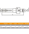 Beefy R8 Shank Shell Face Mill Arbor Adapter Holder for Bridgeport Mills, diagram showing dimensions, 1-1/2 inch arbor range.