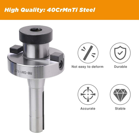 Beefy R8 Shank Shell Face Mill Arbor Adapter Holder For Bridgeport Mills One And A Half Inch Arbor Range Four To Five Inches Seven Sixteenth Inch Twenty Thread Made From 40CrMnTi Steel Built For Durability showing front view with steel indicators