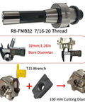 R8 Shell Mill Set with 100 mm face end milling cutter, 32 mm bore arbor, T15 wrench, and 10 APMT1604 carbide inserts