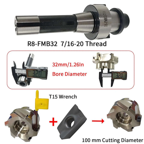 R8 Shell Mill Set with 100 mm face end milling cutter, 32 mm bore arbor, T15 wrench, and 10 APMT1604 carbide inserts