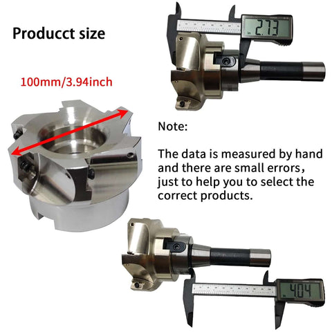 R8 Shell Mill Set With 100 Mm Face End Milling Cutter And 32 Mm Bore Arbor, 6 Flute, 7/16-20UNF Shank, digital caliper measurement