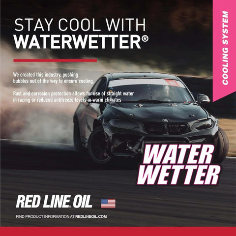 Car drifting on track with WaterWetter Super Coolant That Doubles Water Wetting For Your Ride marketing text overlay
