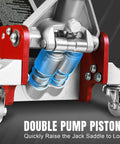 Double pump pistons of Low Profile 3 Ton Racing Floor Jack With Dual Pistons Quick Lift Pump For SUVs And Trucks Aluminum And Steel Construction 58.5 Lb Red