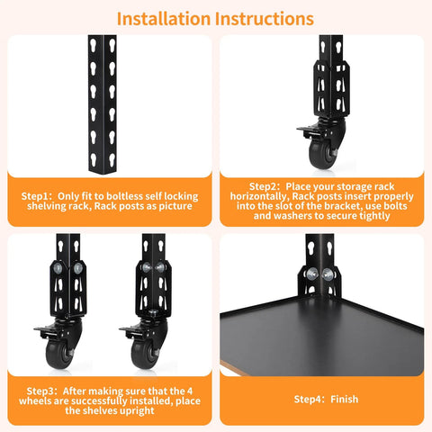 Installation steps for Three Inch Storage Rack Caster Wheels For Boltless Self Locking Shelving Racks, set of 4