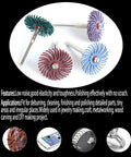 42 Pcs 1 Inch Radial Bristle Disc Kit With 3mm Shank For Rotary Tools, showing multi-colored discs for polishing jewelry and metal surfaces.