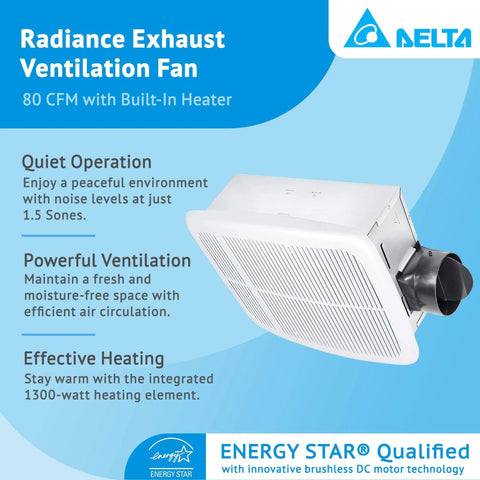 Radiance 80 CFM Exhaust Bathroom Fan With Quiet Operation And Built In Thermostat Heater, Energy Efficient Brushless DC Motor Delivers Ultra Low Noise And Long Lifespan From Delta Breez, side view