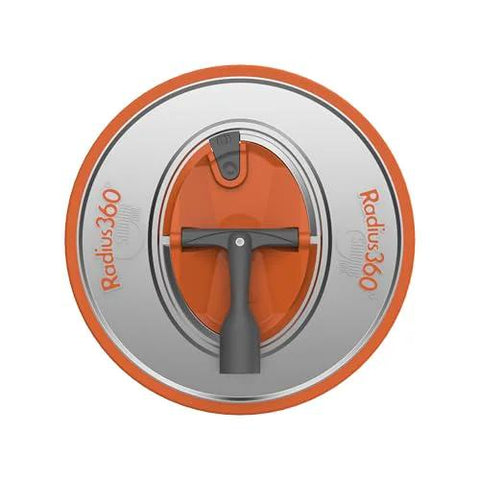 Top view of Radius360 Round Sanding Tool With Interchangeable Center Hub 9 Inch, showing orange and gray handle and hub design.