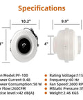 Specifications of 4 Inch Radon Mitigation Fan Installation Kit MIDCVFRUN with dimensions and technical details