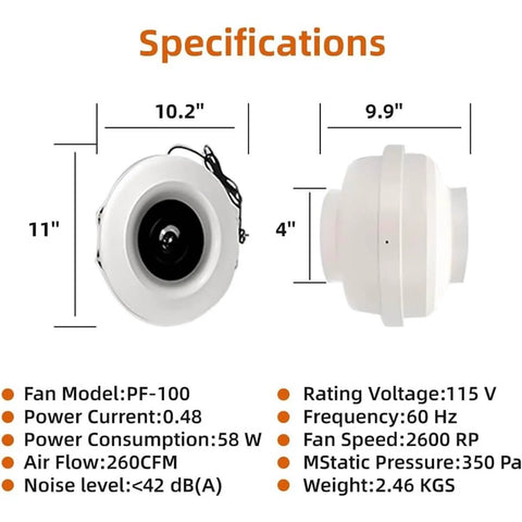 Specifications of 4 Inch Radon Mitigation Fan Installation Kit MIDCVFRUN with dimensions and technical details