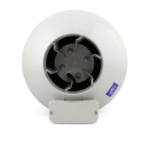 Ultra Quiet Radon Mitigation Fan For 4 Inch Duct RP140 With Energy Efficient Water Hardened Impeller And Thermally Protected Motor Meets Electrical Code For Residential And Commercial Use In Attics Basements And Crawlspaces RadonAway, showing front view.