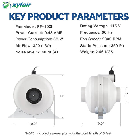 Radon Mitigation Fan 4 Inch 190 CFM Waterproof Duct Fan For Indoor And Outdoor Use IP67 Sealed Case front and side view dimensions