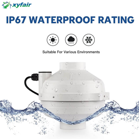 Radon Mitigation Fan 4 Inch 190 CFM Waterproof Duct Fan For Indoor And Outdoor Use IP67 Sealed Case with water droplets