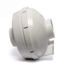 Side view of a white Radon Mitigation Inline Duct Fan, 260 CFM, Quiet And Energy Efficient, 4 Inch Electric Inline Fan in Glass Reinforced Poly Resin