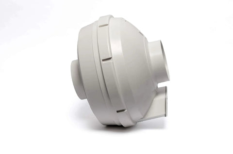 Side view of a white Radon Mitigation Inline Duct Fan, 260 CFM, Quiet And Energy Efficient, 4 Inch Electric Inline Fan in Glass Reinforced Poly Resin