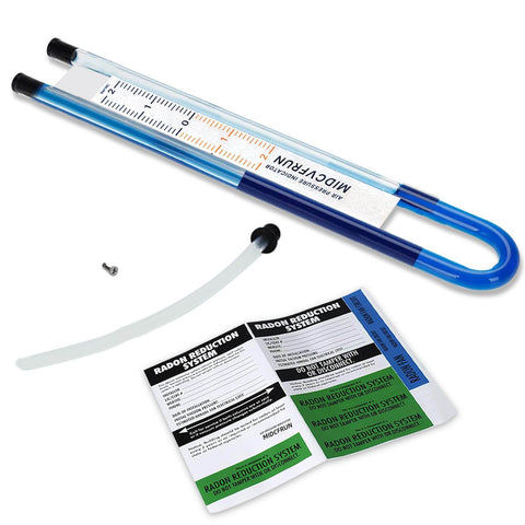 Air pressure indicator for 4 Inch Radon Mitigation Fan Installation Kit MIDCVFRUN with Radon Reduction System labels shown.