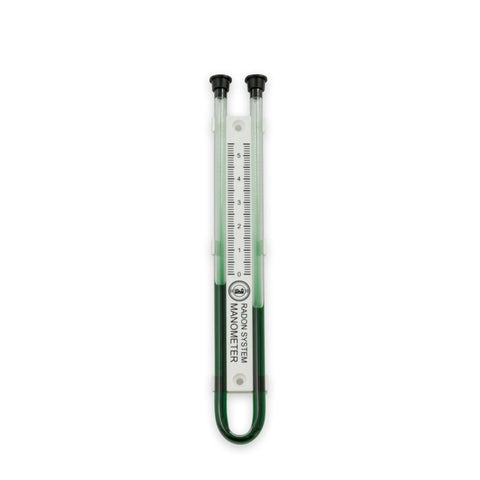 Radon system manometer with a clear plastic tube, used for measuring gas levels in radon mitigation systems